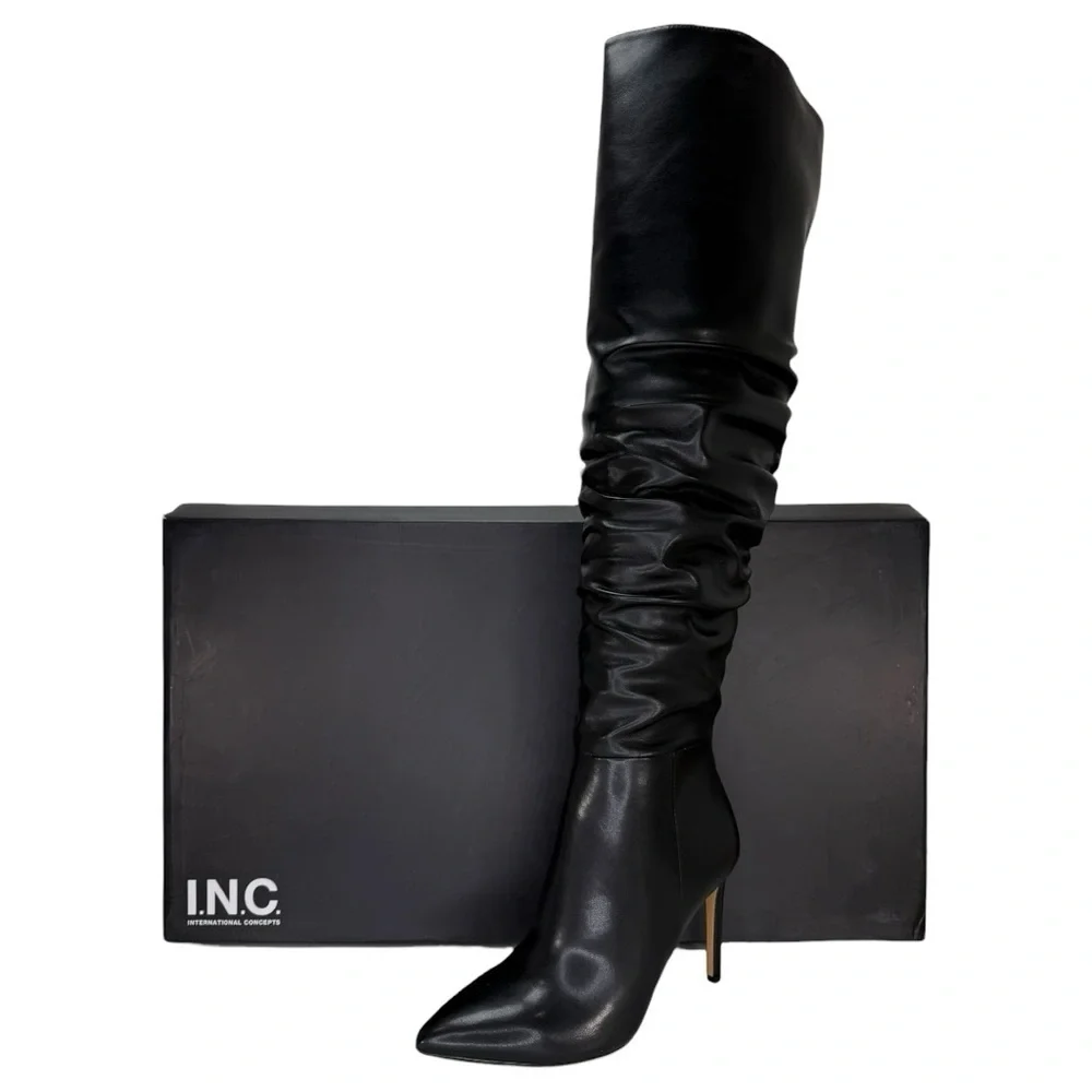 INC Iyonna Black Faux Leather Ruched Shaft OTK Heeled Womens Boots Size 8M
